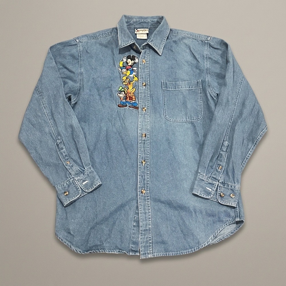 Vintage 90s Walt Disney World Denim Shirt Mens M Fab Five Embroidered